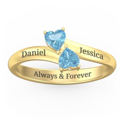 Inverted Twin Heart Ring – 18K Gold Plated Silver with Blue Topaz