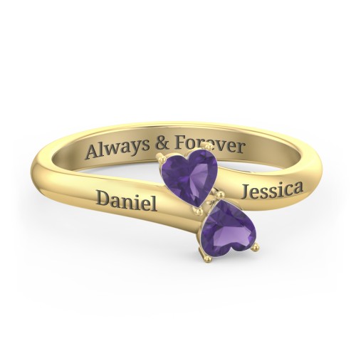 Inverted Twin Heart Ring – 18K Gold Plated Silver with Amethyst