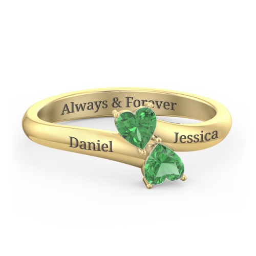 Inverted Twin Heart Ring – 18K Gold Plated Silver with Emerald