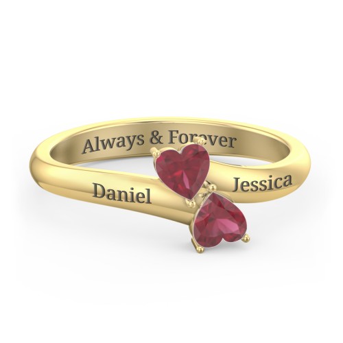 Inverted Twin Heart Ring – 18K Gold Plated Silver with Ruby