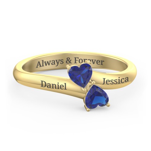 Inverted Twin Heart Ring – 18K Gold Plated Silver with Blue Sapphire