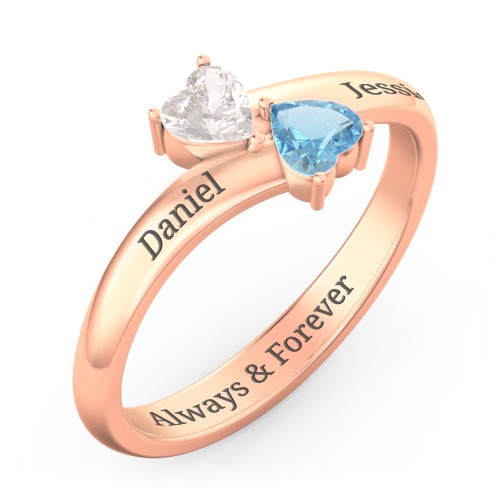 Inverted Twin Heart Ring – 10K Rose Gold with Cubic Zirconia and Blue Topaz