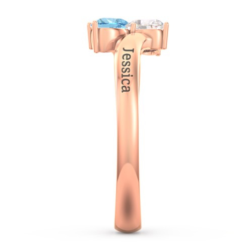 Inverted Twin Heart Ring – 10K Rose Gold with Cubic Zirconia and Blue Topaz
