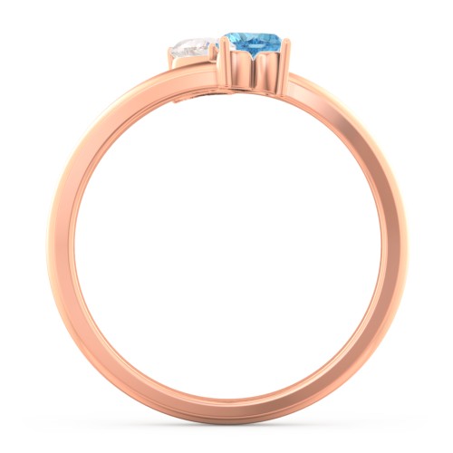Inverted Twin Heart Ring – 10K Rose Gold with Cubic Zirconia and Blue Topaz
