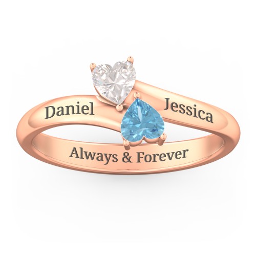 Inverted Twin Heart Ring – 10K Rose Gold with Cubic Zirconia and Blue Topaz