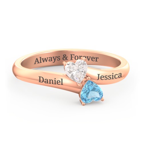Inverted Twin Heart Ring – 10K Rose Gold with Cubic Zirconia and Blue Topaz