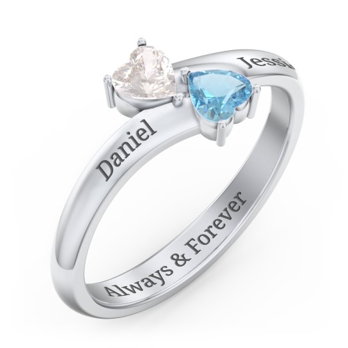 Inverted Twin Heart Ring – Sterling Silver with Cubic Zirconia and Blue Topaz