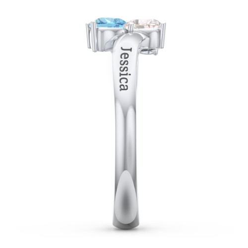 Inverted Twin Heart Ring – Sterling Silver with Cubic Zirconia and Blue Topaz