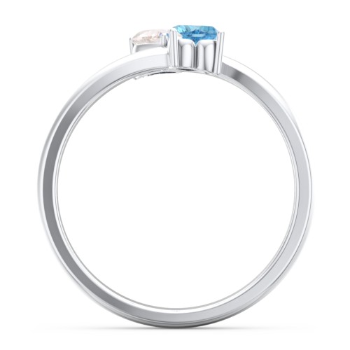 Inverted Twin Heart Ring – Sterling Silver with Cubic Zirconia and Blue Topaz