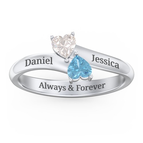 Inverted Twin Heart Ring – Sterling Silver with Cubic Zirconia and Blue Topaz