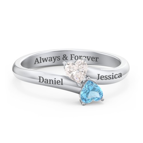 Inverted Twin Heart Ring – Sterling Silver with Cubic Zirconia and Blue Topaz