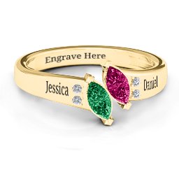 Twin Marquises and Accent Ring in 10K Solid Yellow Gold with Emerald and Ruby