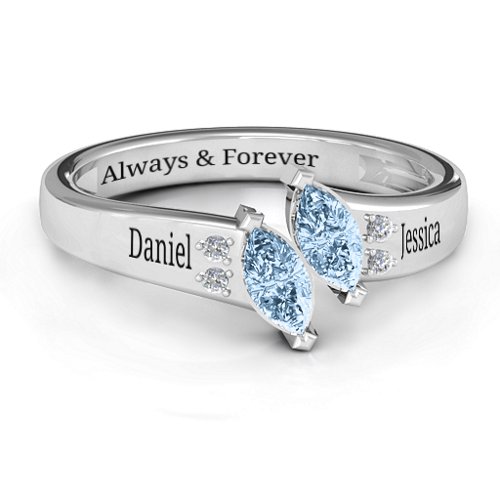 Twin Marquises and Accent Ring – Sterling Silver with Aquamarine and Cubic Zirconia