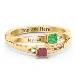 Two Stone Split Band Ring with Accents in 10K Solid Yellow Gold with Emerald and Ruby