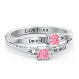 Two Stone Split Band Ring with Accents in 925 Sterling Silver with Pink Tourmaline