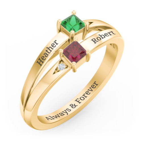 Two Stone Split Band Ring with Accents – 10K Yellow Gold with Emerald, Ruby, and Cubic Zirconia