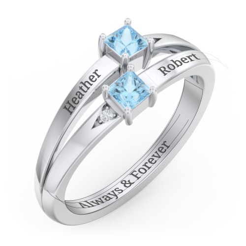 Two Stone Split Band Ring with Accents – Sterling Silver with Blue Topaz and Cubic Zirconia