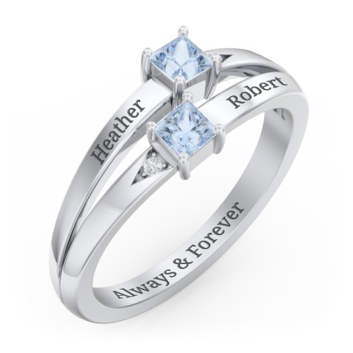 Two Stone Split Band Ring with Accents – Sterling Silver with Aquamarine and Cubic Zirconia