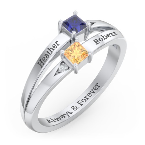 Two Stone Split Band Ring with Accents – Sterling Silver with Blue Sapphire, Citrine, and Cubic Zirconia