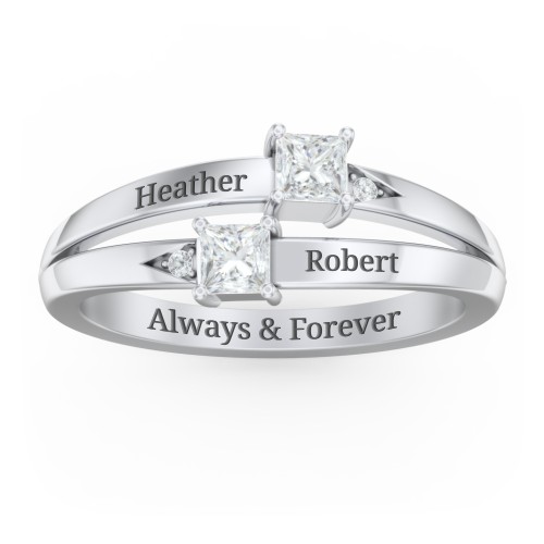 Two Stone Split Band Ring with Accents – Sterling Silver with Diamond and Cubic Zirconia