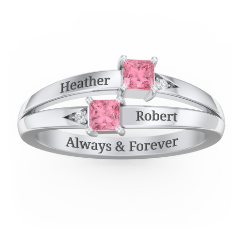 Two Stone Split Band Ring with Accents – Sterling Silver with Pink Tourmaline and Cubic Zirconia