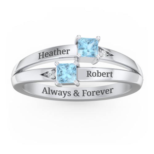 Two Stone Split Band Ring with Accents – Sterling Silver with Blue Topaz and Cubic Zirconia