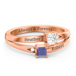 Two Stone Split Band Ring with Accents in 10K Solid Rose Gold with Cubic Zirconia and Blue Sapphire