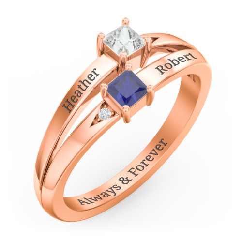 Two Stone Split Band Ring with Accents – 10K Rose Gold with Cubic Zirconia and Blue Sapphire