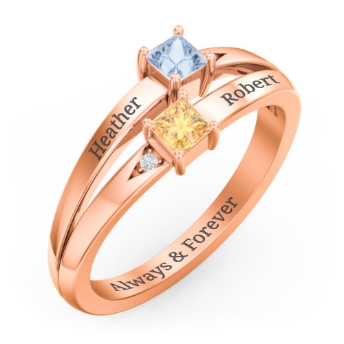 Two Stone Split Band Ring with Accents – 10K Rose Gold with Aquamarine, Citrine, and Cubic Zirconia