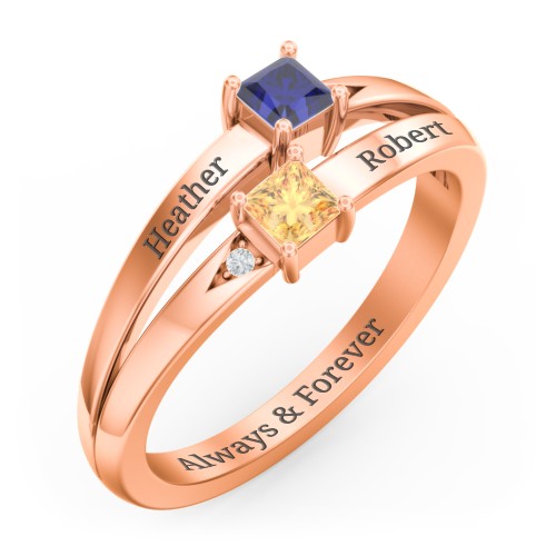 Two Stone Split Band Ring with Accents – 10K Rose Gold with Blue Sapphire, Citrine, and Cubic Zirconia