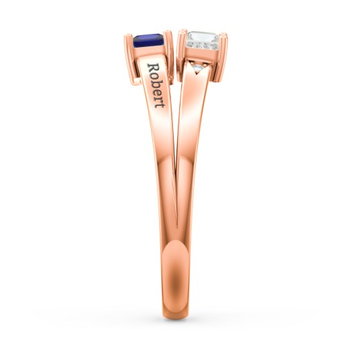 Two Stone Split Band Ring with Accents – 10K Rose Gold with Cubic Zirconia and Blue Sapphire