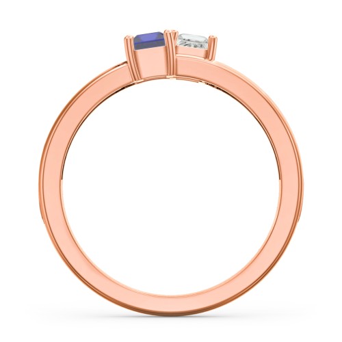 Two Stone Split Band Ring with Accents – 10K Rose Gold with Cubic Zirconia and Blue Sapphire