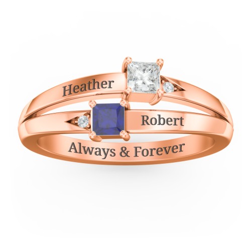 Two Stone Split Band Ring with Accents – 10K Rose Gold with Cubic Zirconia and Blue Sapphire