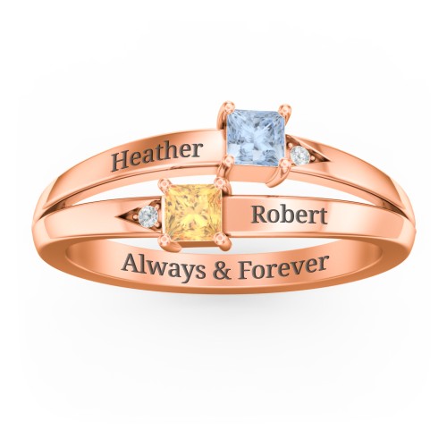 Two Stone Split Band Ring with Accents – 10K Rose Gold with Aquamarine, Citrine, and Cubic Zirconia