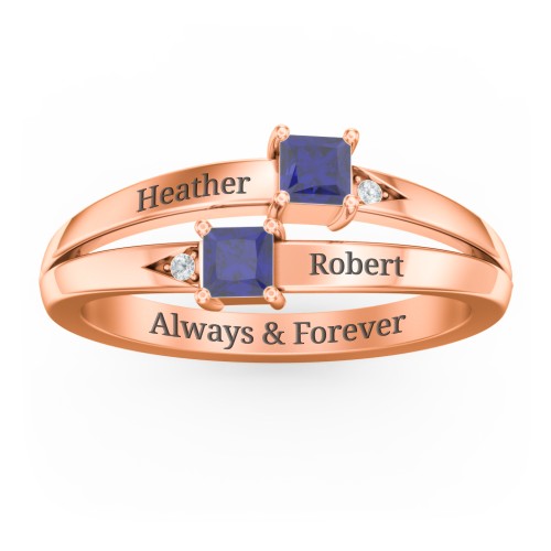 Two Stone Split Band Ring with Accents – 10K Rose Gold with Blue Sapphire and Cubic Zirconia