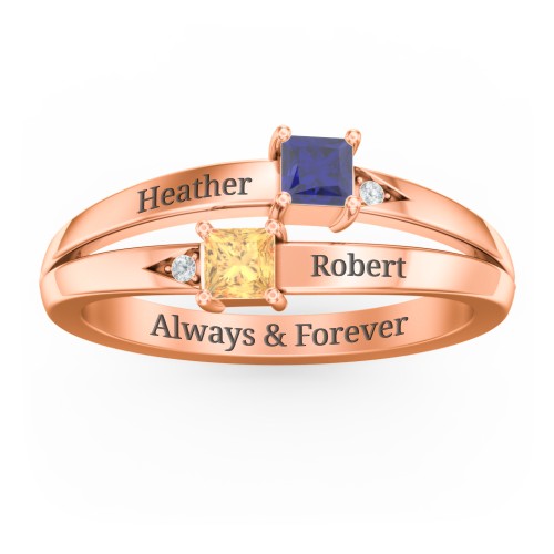 Two Stone Split Band Ring with Accents – 10K Rose Gold with Blue Sapphire, Citrine, and Cubic Zirconia