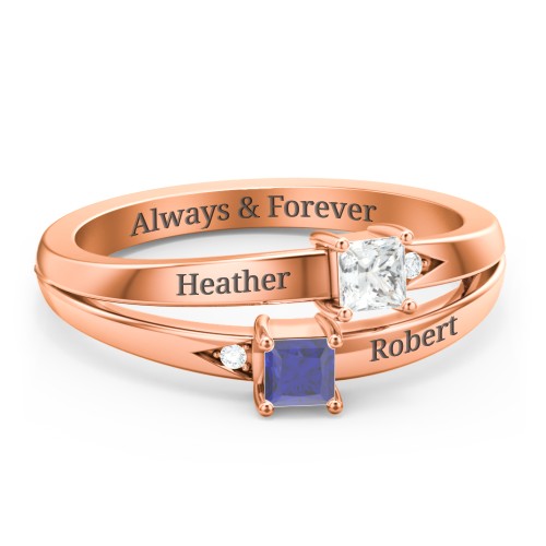 Two Stone Split Band Ring with Accents – 10K Rose Gold with Cubic Zirconia and Blue Sapphire