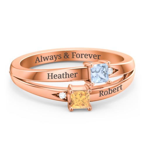 Two Stone Split Band Ring with Accents – 10K Rose Gold with Aquamarine, Citrine, and Cubic Zirconia