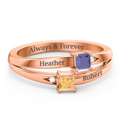 Two Stone Split Band Ring with Accents – 10K Rose Gold with Blue Sapphire, Citrine, and Cubic Zirconia