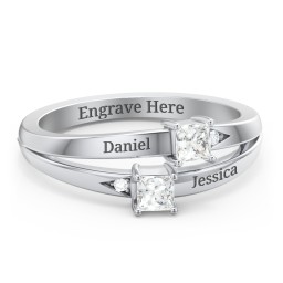 Two Stone Split Band Ring with Accents in 925 Sterling Silver with Diamond and Cubic Zirconia