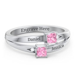 Two Stone Split Band Ring with Accents in 925 Sterling Silver with Diamond and Pink Tourmaline