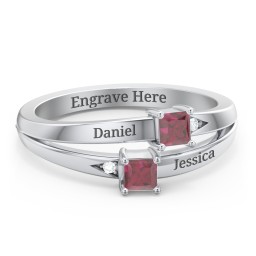 Two Stone Split Band Ring with Accents in 925 Sterling Silver with Ruby