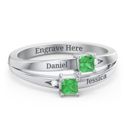 Two Stone Split Band Ring with Accents in 925 Sterling Silver with Emerald