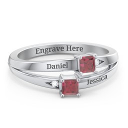 Two Stone Split Band Ring with Accents in 925 Sterling Silver with Ruby