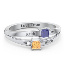 Two Stone Split Band Ring with Accents in 925 Sterling Silver with Blue Sapphire and Citrine