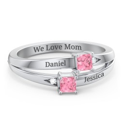 Two Stone Split Band Ring with Accents in 925 Sterling Silver with Pink Tourmaline