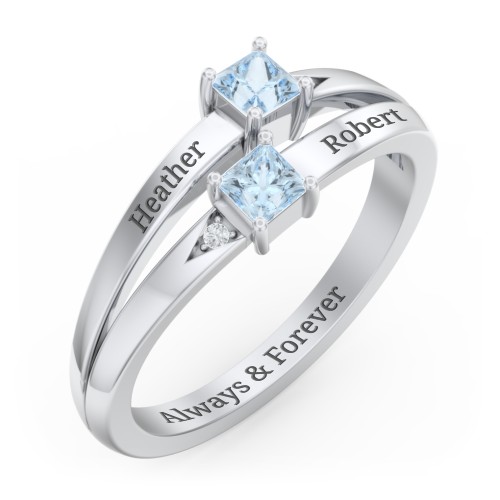Two Stone Split Band Ring with Accents – Sterling Silver with Aquamarine and Cubic Zirconia