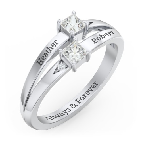 Two Stone Split Band Ring with Accents – Sterling Silver with Cubic Zirconia