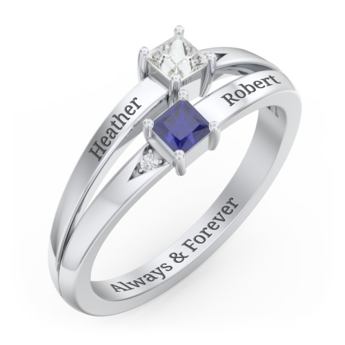 Two Stone Split Band Ring with Accents – Sterling Silver with Cubic Zirconia and Blue Sapphire