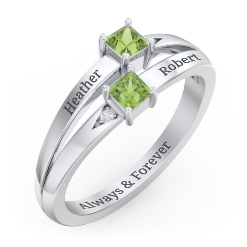 Two Stone Split Band Ring with Accents – Sterling Silver with Peridot and Cubic Zirconia